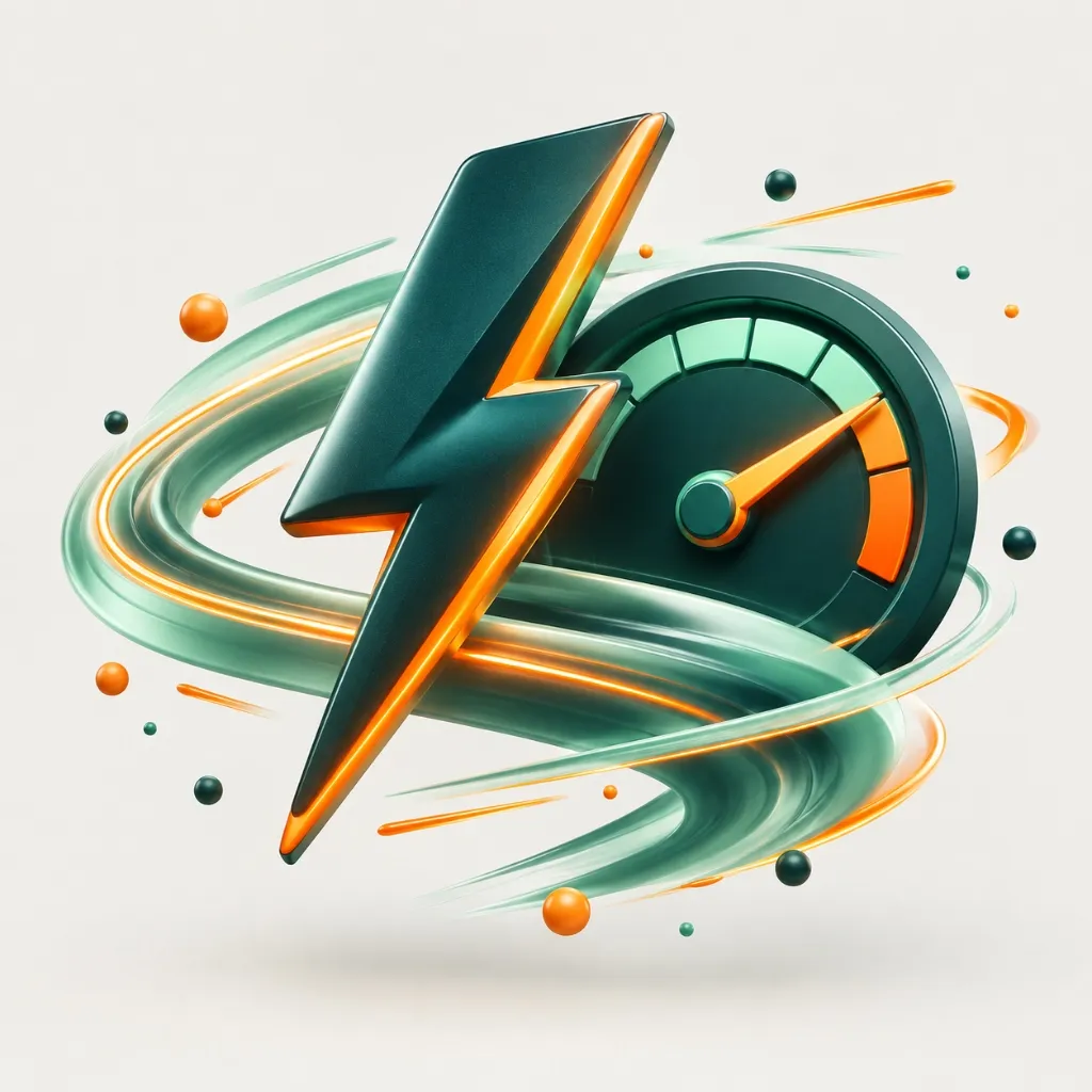3D ilustrace zrychlení webu s bleskem a rychloměrem